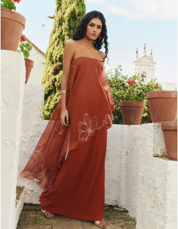 Terracotta strapless long dress with asymmetrical cape 2