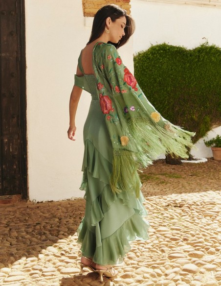 Top vert poudré à double croisement asymétrique en crêpe