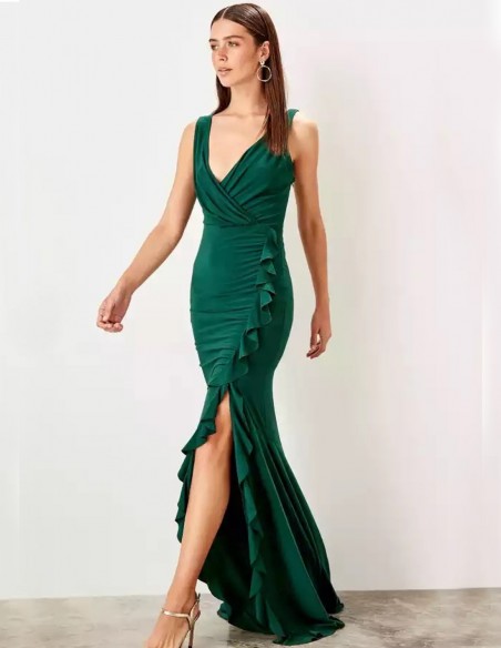 Maxi dress with V neckline and ruffle detail on the skirt