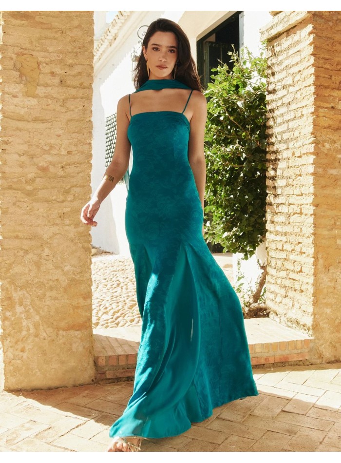 Long dress with square neckline and embossed...