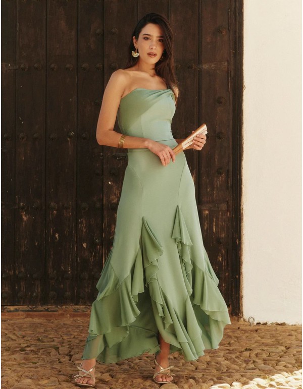 Asymmetrical midi skirt with powdered green chiffon ruffles 2