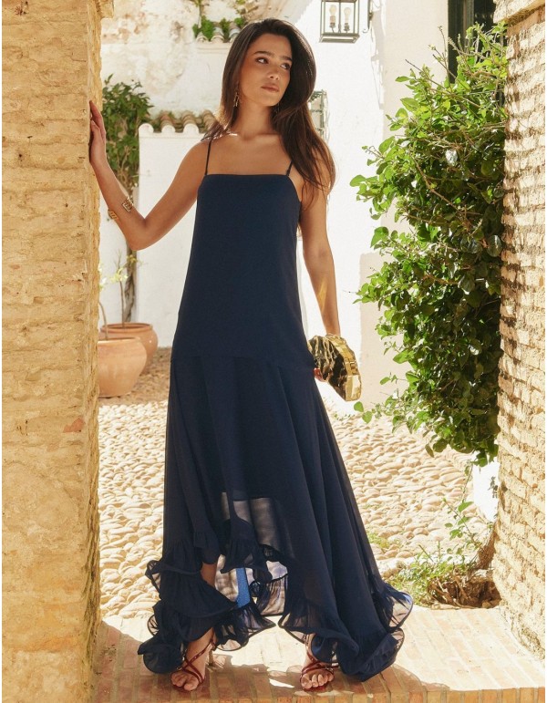Vestido midi azul marino con escote cuadrado y falda de doble capa evasé