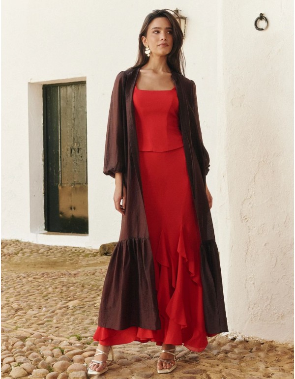 Chaqueta de organza marrón con corte midi