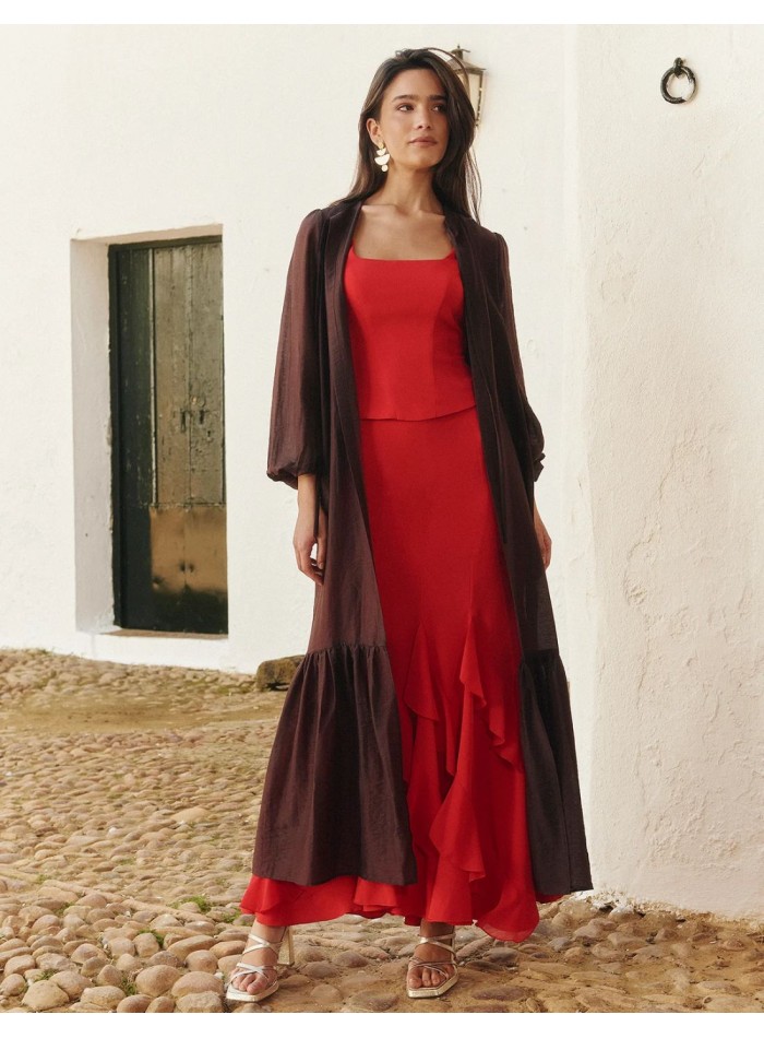 Chaqueta de organza marrón con corte midi