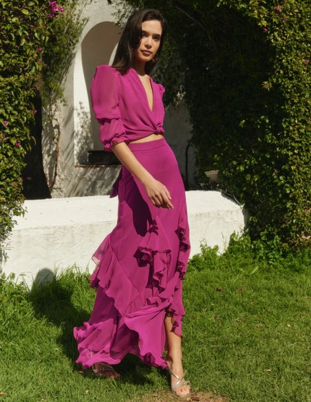 Bougainvillea party crop top in flowing fabric with V-neckline and front lacing