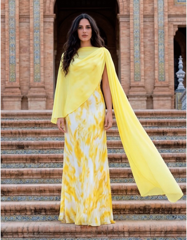 Yellow chiffon wedding guest cross over cape