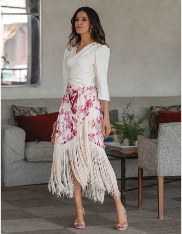 Printed blouse and skirt set with draped front and bangs...