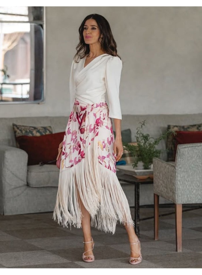 Printed blouse and skirt set with draped front...