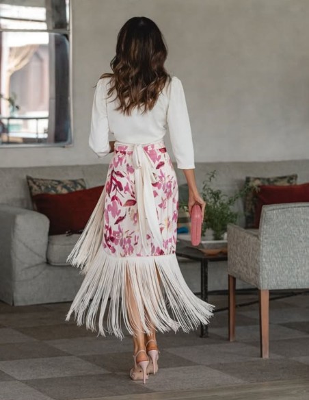 Ensemble blouse et jupe imprimées, drapées sur le devant et à franges - PERFECT GUEST