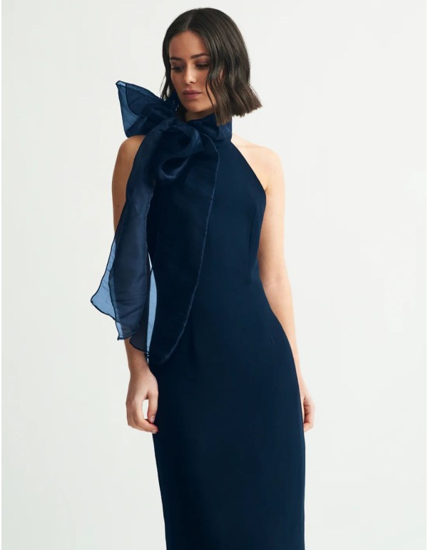 Robe midi bleu marine avec encolure licou et foulard en... 2