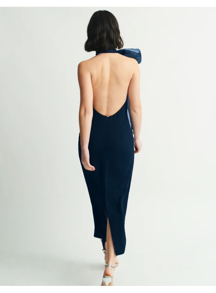 Navy blue midi dress with halter neckline and...