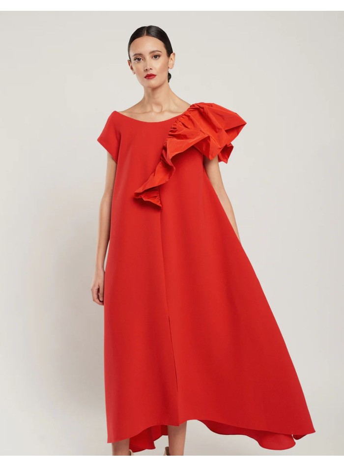 Robe midi en crêpe rouge avec encolure ronde et...