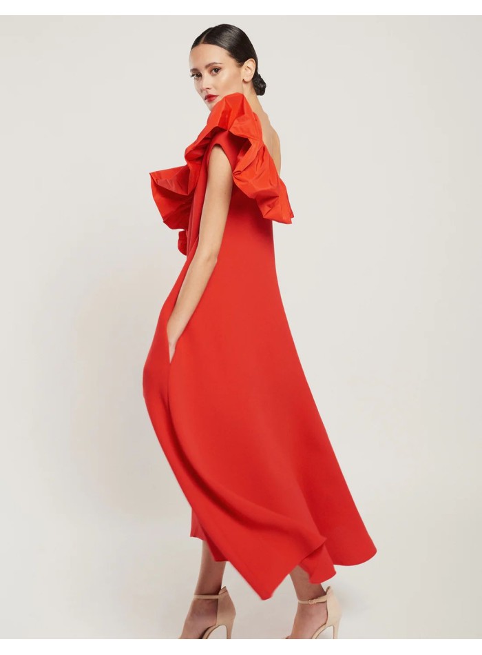 Red midi dress in crepe with round neckline and...
