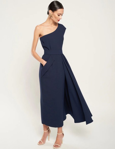 Robe midi en crêpe bleu marine à encolure asymétrique