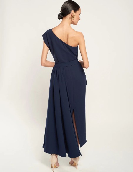 Navy blue crepe midi dress with asymmetrical neckline