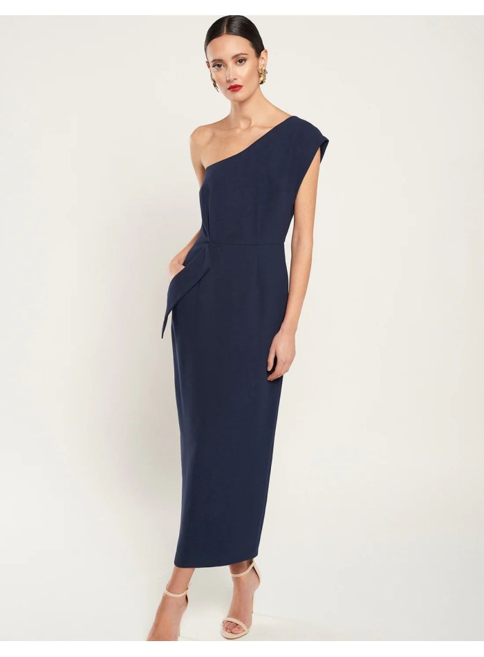 Robe midi en crêpe bleu marine à encolure...