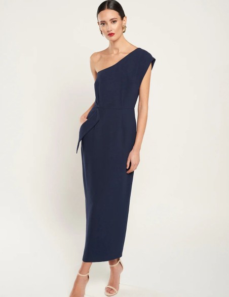 Navy blue crepe midi dress with asymmetrical neckline