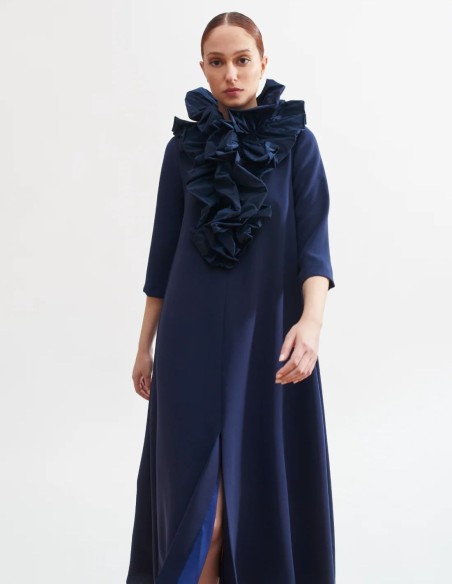 Navy blue midi dress with swan neckline and taffeta ruffles