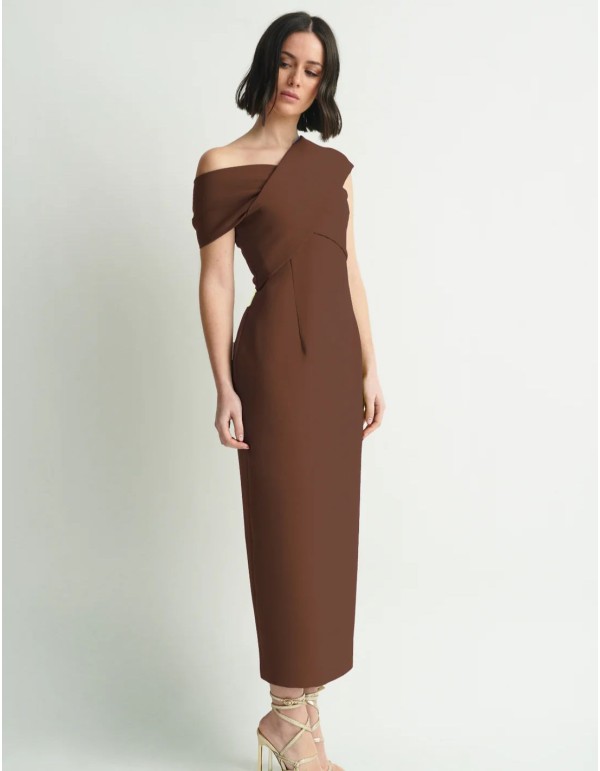 Brown midi dress with crossover neckline and pencil...