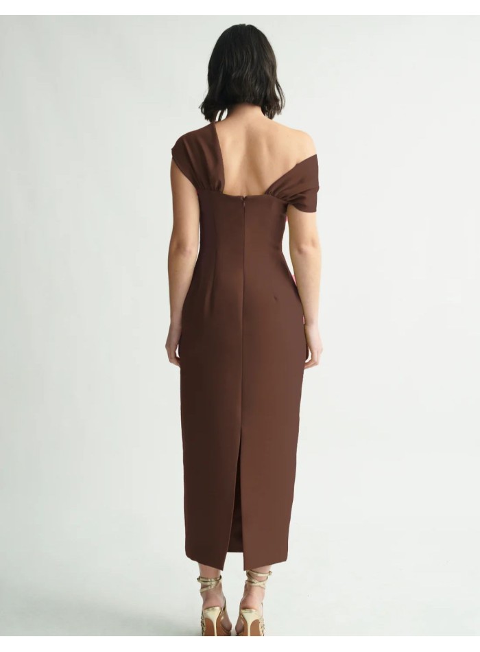 Brown midi dress with crossover neckline and...