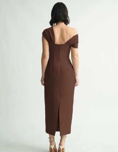Brown midi dress with crossover neckline and pencil silhouette
