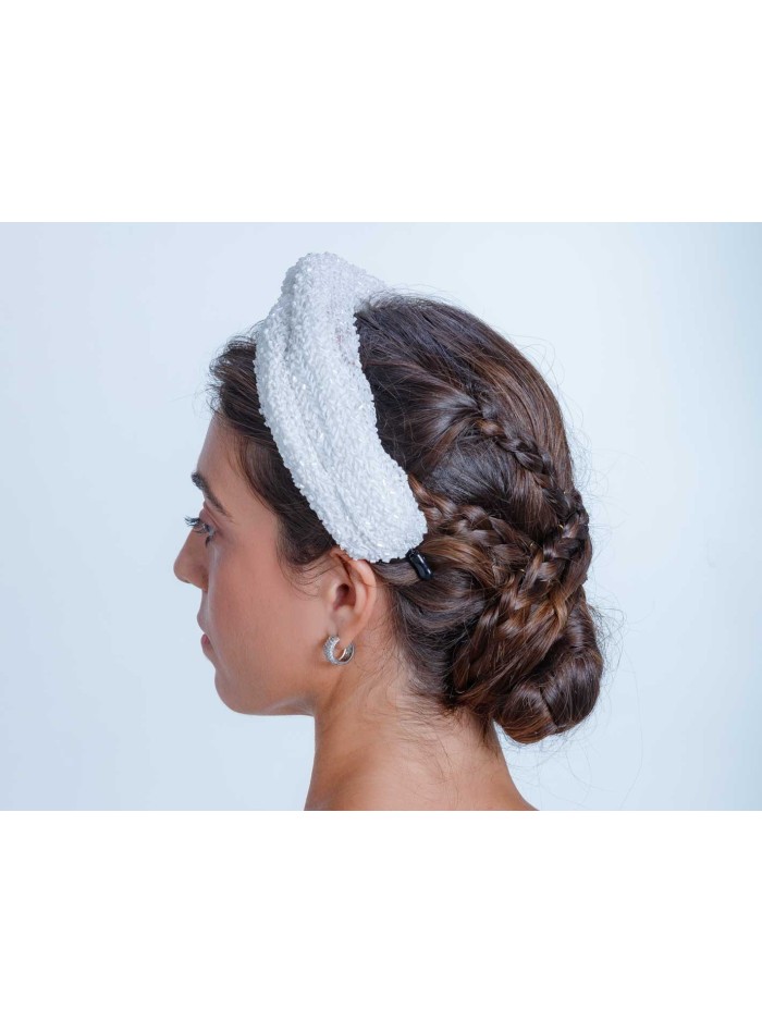 White bridal headdress with rhinestones