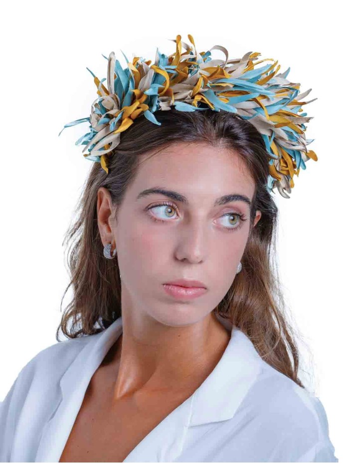 Blue-fringed and mustard maxi headdress by Margarita Sangiovanni