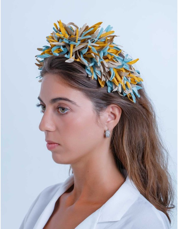 Blue-fringed and mustard maxi headdress by Margarita Sangiovanni 2