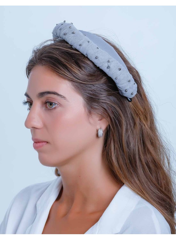 Crossed tulle headband with grey stones