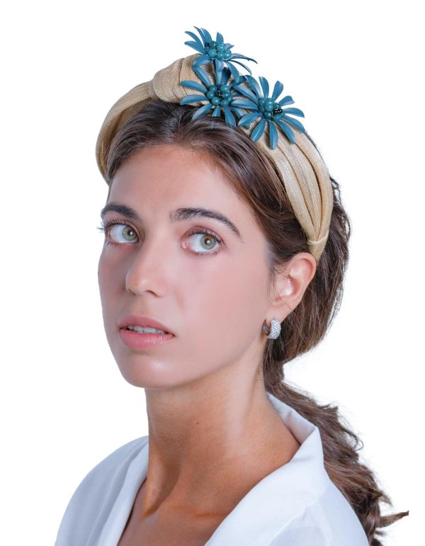 Beige silk headband with flowers and jade stones by Margarita Sangiovanni