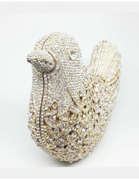 Jeweled clutch bag with the shape of a bird in silver