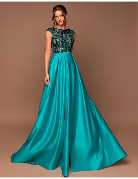 Long party dress with beaded bodice and flared skirt