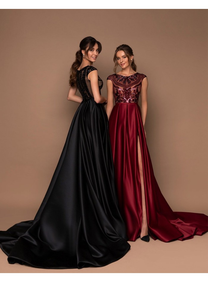 Long party dress with beaded bodice and flared skirt-1