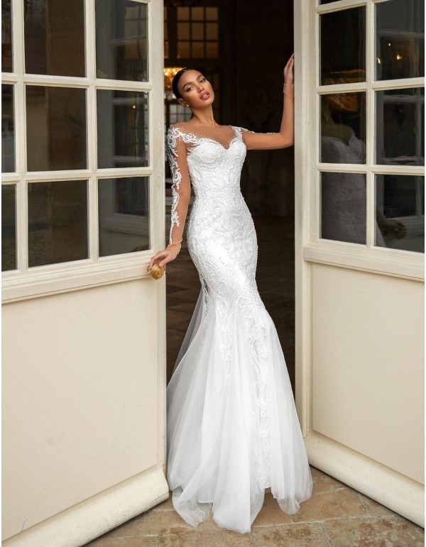 Wedding dress with heart neckline and tattoo effect sleeves
