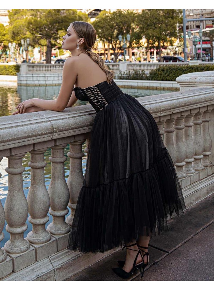 Vestido de fiesta midi con corpiño drapeado y escote palabra de honor-2