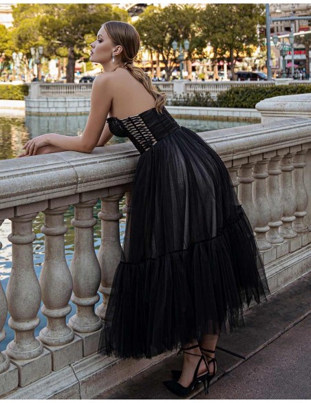 Vestido de fiesta midi con corpiño drapeado y escote palabra de honor-2