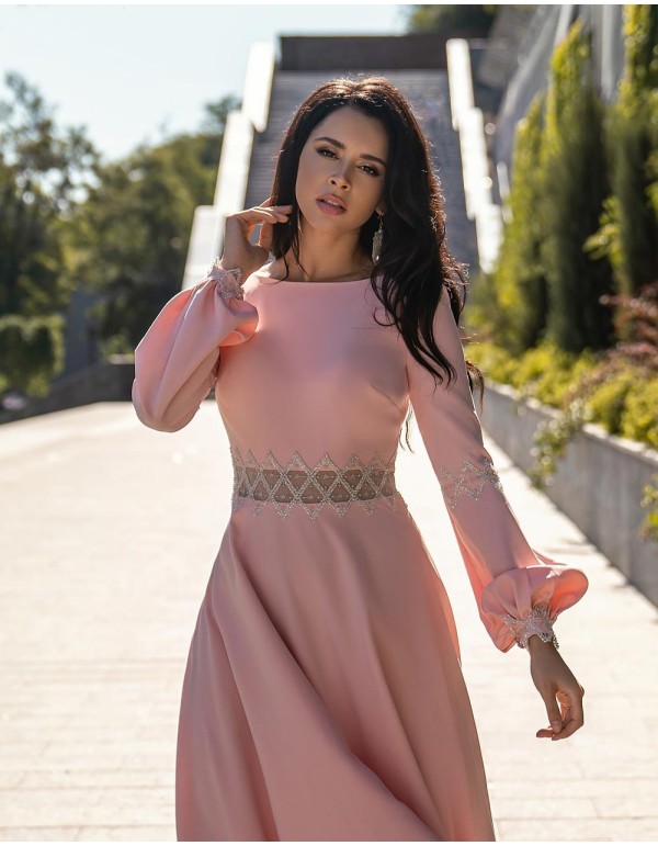 Vestido de fiesta largo con espalda abierta en pico y manga larga-2