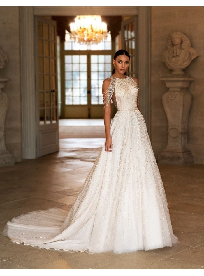 Wedding dress with fallen rhinestone shoulders from Pollardi