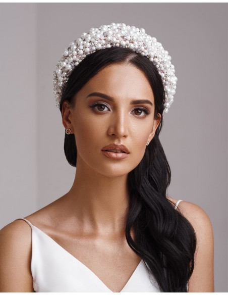 Thick headband with pearls and crystals for brides or guests-white