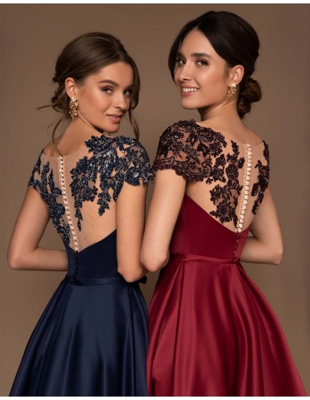 Vestido de fiesta largo en satén con espalada efecto tatuaje de pedrería-1