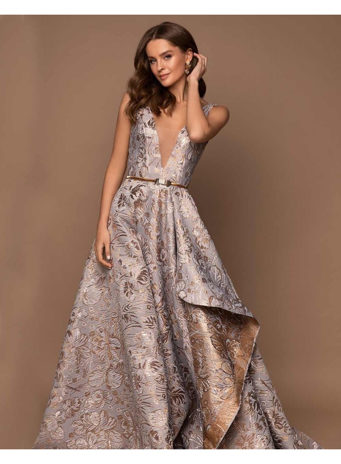 Vestido de fiesta largo con estampado jacquard y escote en pico-1