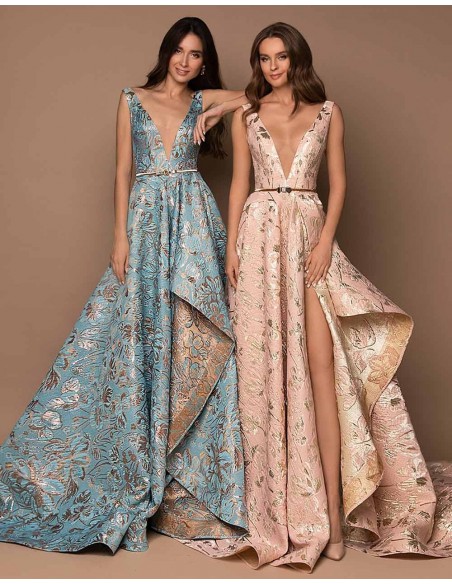 Long party dress with jacquard print and V-neckline Silviamo - 2