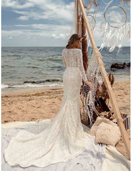 Flared wedding dress with crossover V-neckline and luxurious semitransparent lace