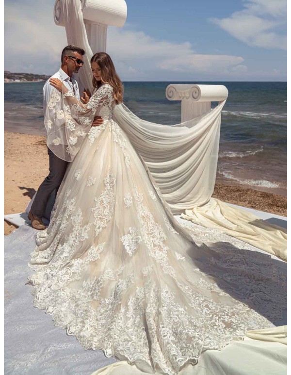 Vestido de novia princesa con manga larga de tul y guipur efecto semitransparente Jeorjett Fashion Group - 2