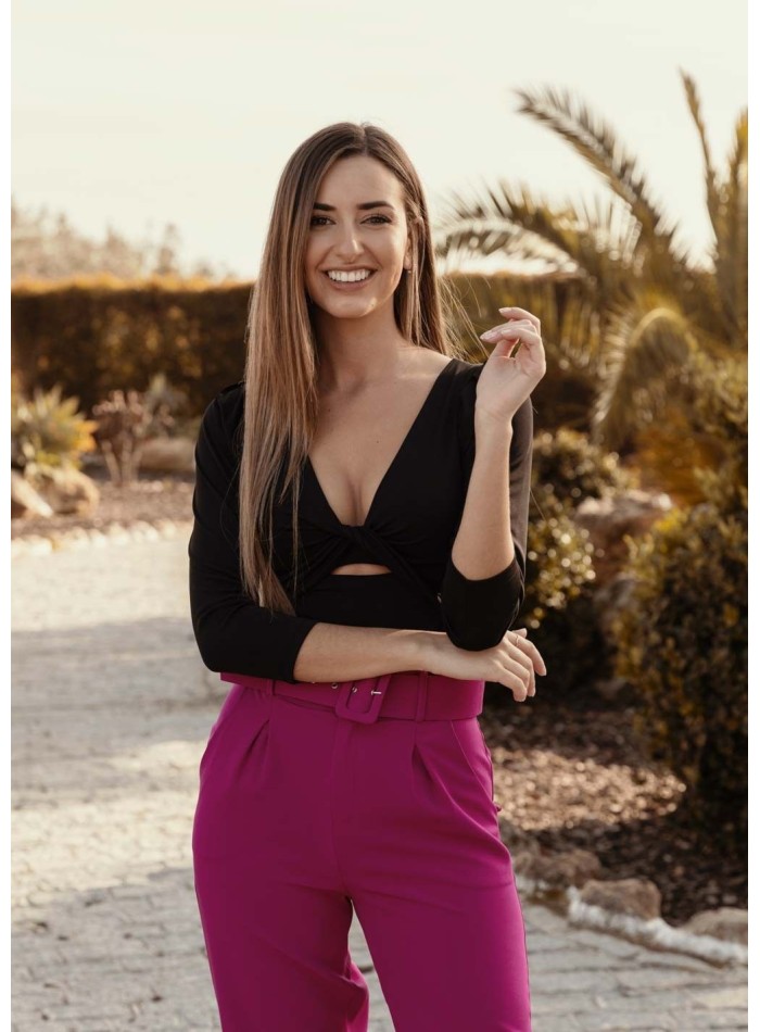 Black bodysuit with knotted detail and puckered sleeves for parties