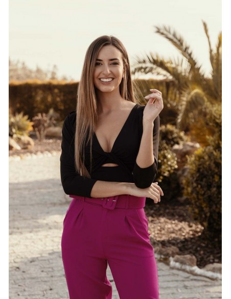 Black bodysuit with knotted detail and puckered sleeves for parties