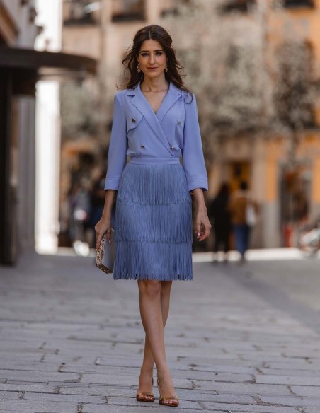 Short dress with fringed skirt and blazer style body