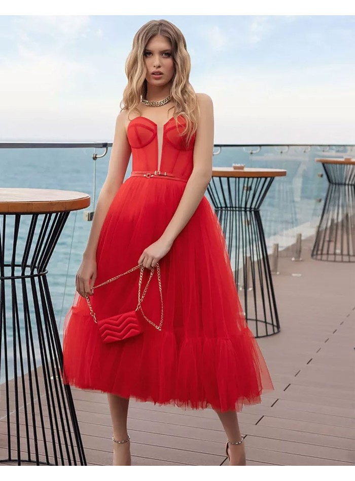 Vestido de fiesta midi realizado en tul con escote palabra de honor-2