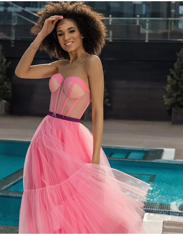 Gum pink midi dress made in tulle with heart neckline Oksana Mukha - 3