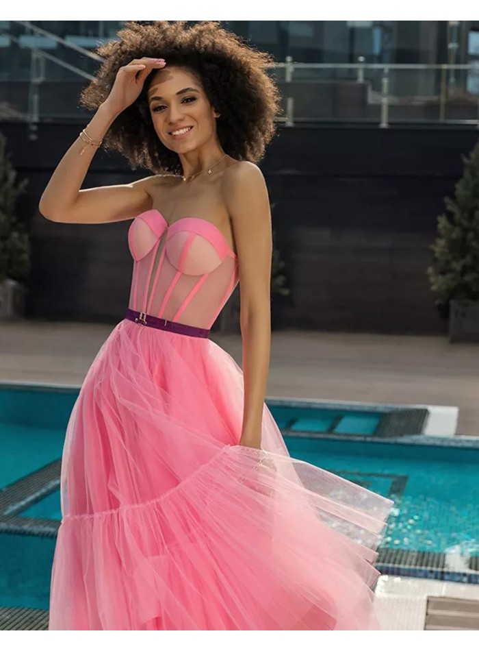 Gum pink midi dress made in tulle with heart neckline Oksana Mukha - 3